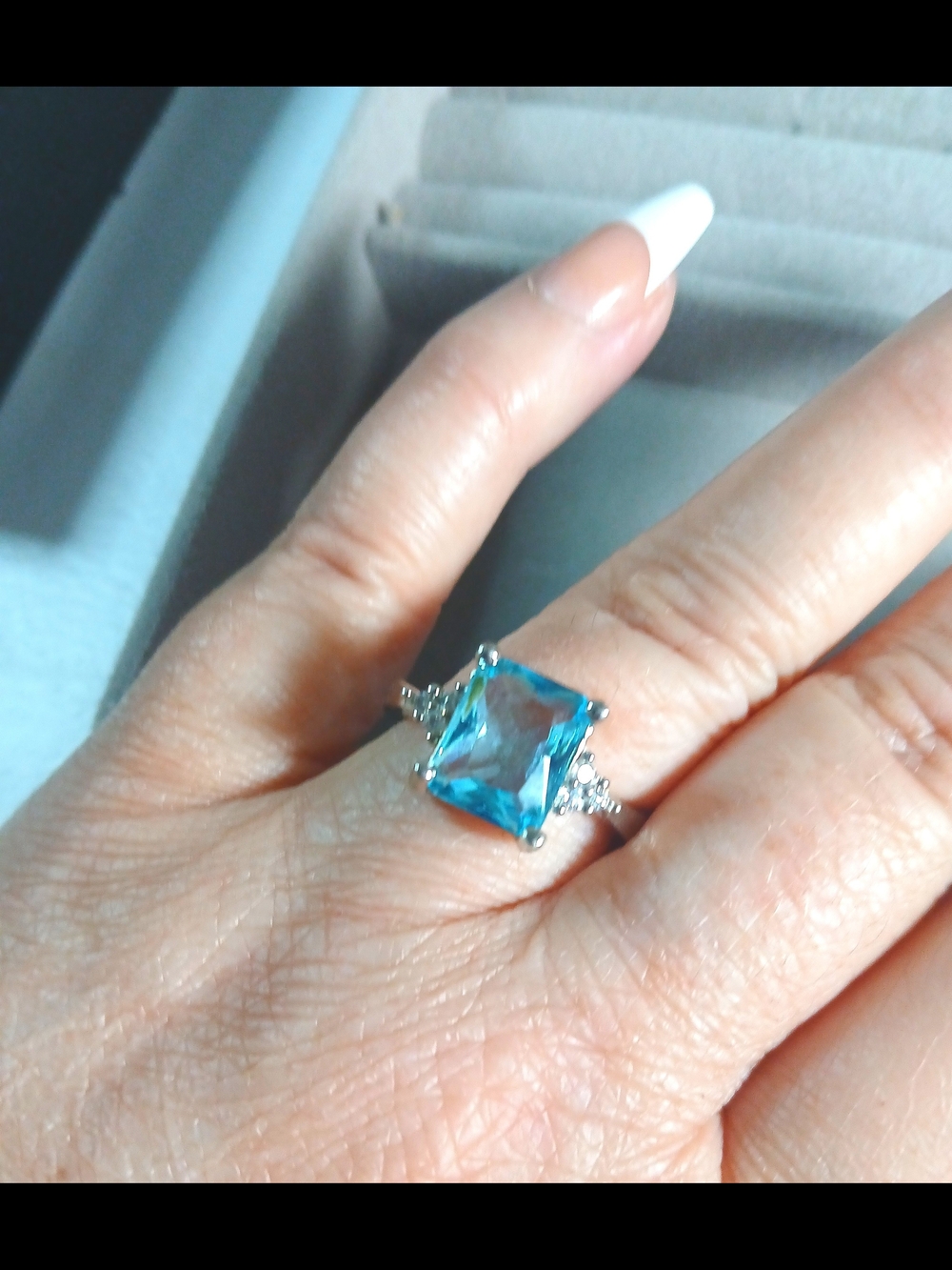 Sterling Silver Blue Topaz Square Halo With CZ Accent - Picture 3 of 4
